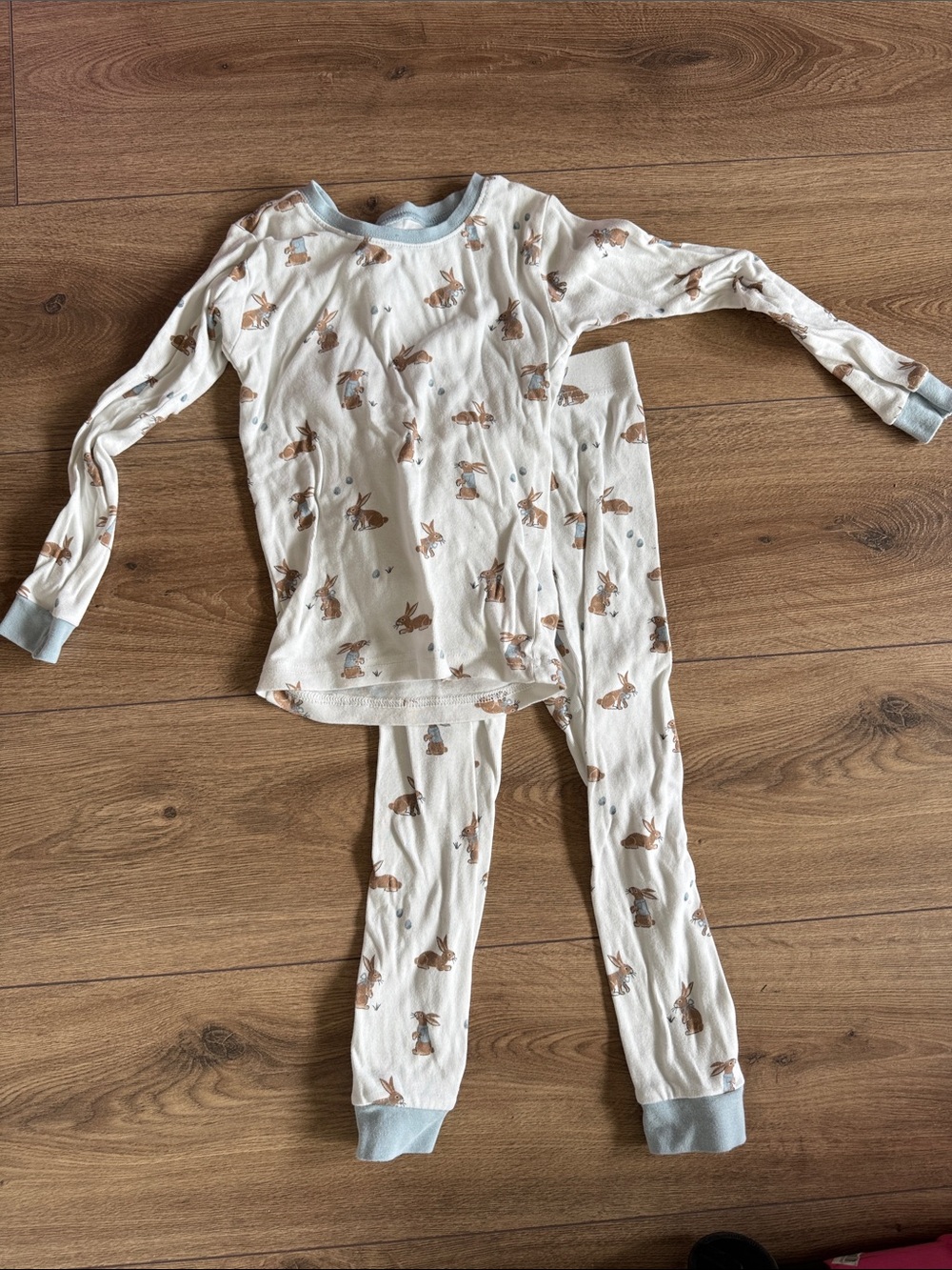 Petit lem Kids White Bunny Print Pajama Set with Light Blue Trim